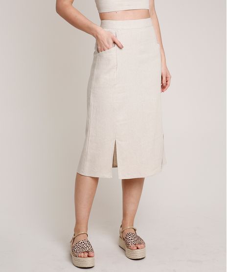 Saia-Feminina-Midi-em-Linho-com-Fenda-e-Bolsos-Kaki-9637726-Kaki_1