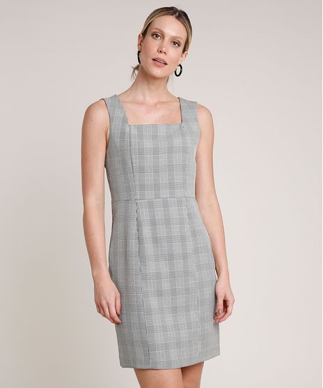 Vestido-Feminino-Curto-Estampado-Xadrez-com-Fenda-Sem-Manga-Cinza-9640738-Cinza_1