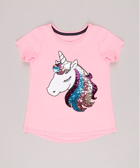Blusa-Infantil-Unicornio-com-Paete-Dupla-Face-Manga-Curta-Decote-Redondo-Rosa-Neon-9131094-Rosa_Neon_1