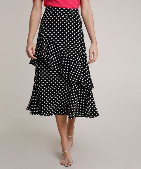 Saia-Feminina-Mindset-Midi-Estampada-de-Poa-com-Fenda-e-Babado-Preta-9830536-Preto_1