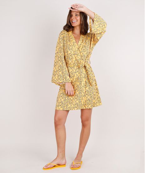 Robe-Feminino-Estampado-de-Folhagem-Manga-Longa-Mostarda-9733186-Mostarda_1