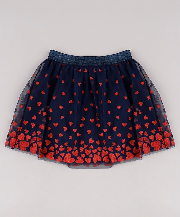 Saia Infantil em Tule Estampado de Corações com Brilho com Lurex Azul Marinho 10
