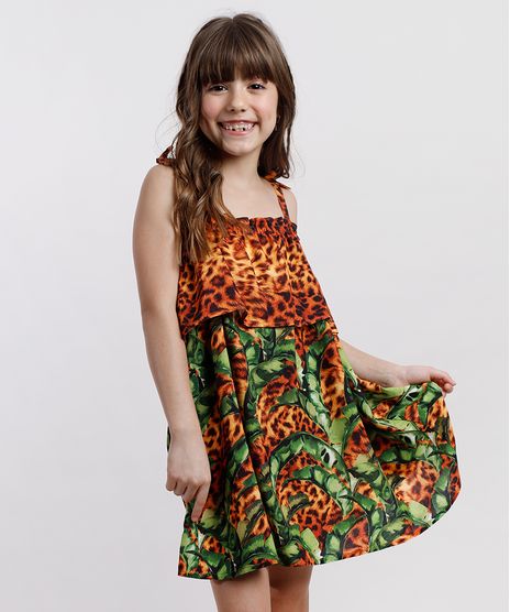 Vestido-Infantil-Agua-de-Coco-Tal-Mae-Tal-Filha-Bananeira-Animal-Print-Onca-Alcas-Finas-Caramelo-9780869-Caramelo_1