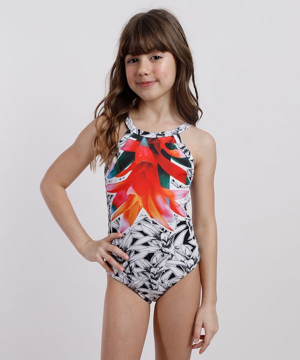 Maiô Body Infantil Água de Coco Tal Mãe Tal Filha Estampado Bromélia Colorida Proteção UV+50 Off White 8