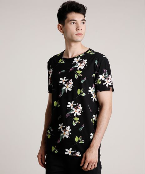 Camiseta-Masculina-Estampada-Floral-Manga-Curta-Gola-Careca-Preto-9755502-Preto_1