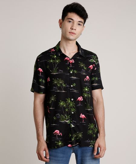 Camisa-Masculina-Estampada-de-Flamingo-Manga-Curta-Preta-9729724-Preto_1 Camisa-Masculina-Estampada-de-Flamingo-Manga-Curta-Preta-9729724-Preto_1
