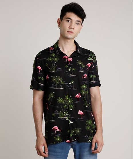 Camisa-Masculina-Estampada-de-Flamingo-Manga-Curta-Preta-9729724-Preto_1