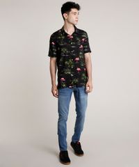 Camisa-Masculina-Estampada-de-Flamingo-Manga-Curta-Preta-9729724-Preto_3