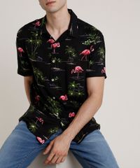 Camisa-Masculina-Estampada-de-Flamingo-Manga-Curta-Preta-9729724-Preto_4