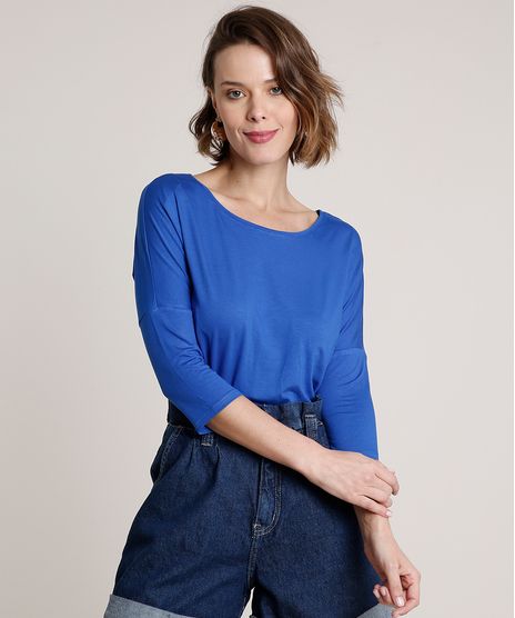 Blusa-Feminina-Ampla-Basica-Manga-7-8-Decote-Redondo-Azul-Royal-9509004-Azul_Royal_1
