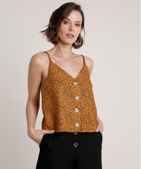 Regata-Feminina-Estampada-Animal-Print-Onca-com-Linho-e-Botoes-Alca-Fina-Decote-V-Caramelo-9680493-Caramelo_1