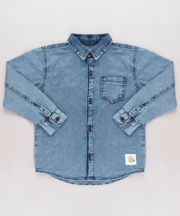 Camisa Jeans Infantil com Bolso Manga Longa Azul Médio 4