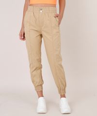 Calca-de-Sarja-Feminina-Jogger-com-Recorte-e-Bolsos--Bege-9753714-Bege_1