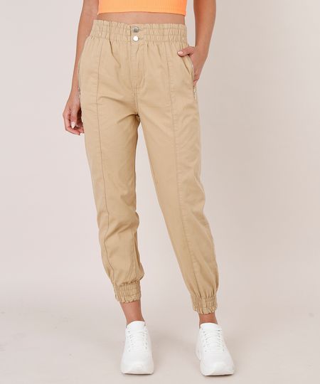 Calca-de-Sarja-Feminina-Jogger-com-Recorte-e-Bolsos--Bege-9753714-Bege_1