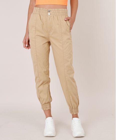 Calca-de-Sarja-Feminina-Jogger-com-Recorte-e-Bolsos--Bege-9753714-Bege_1