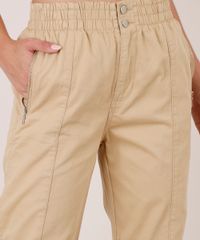 Calca-de-Sarja-Feminina-Jogger-com-Recorte-e-Bolsos--Bege-9753714-Bege_4