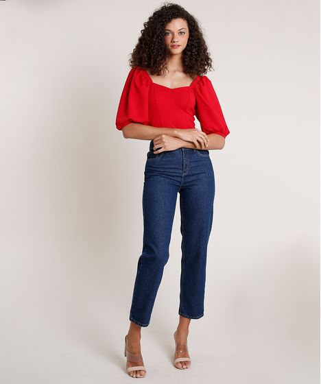 Blusa Feminina Mindset Manga Bufante Decote Coracao Vermelha Cea