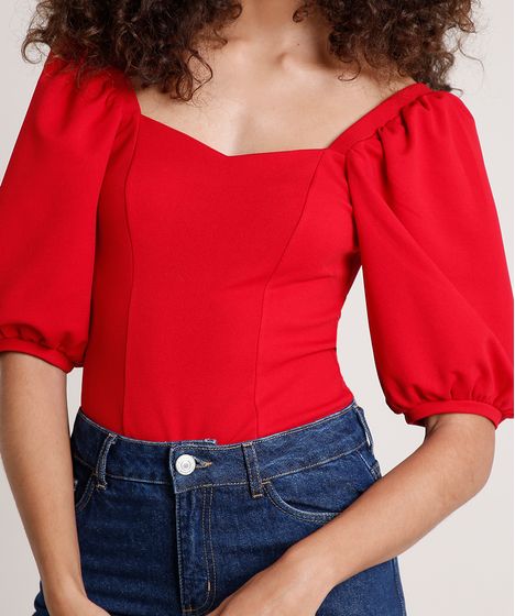 Blusa Feminina Mindset Manga Bufante Decote Coracao Vermelha Cea