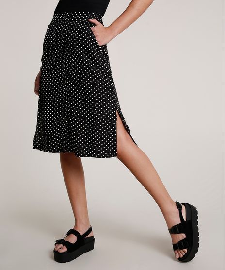 Saia-Feminina-Midi-Estampada-de-Poa-com-Bolsos-e-Fenda-Preta-9527923-Preto_1