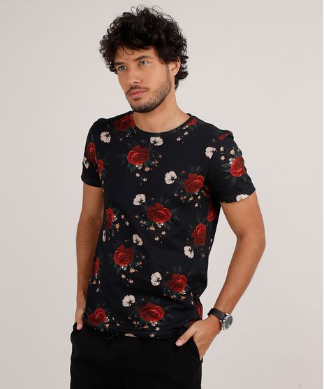 Camiseta-Masculina-Slim-Fit-Estampada-Floral-Manga-Curta-Gola-Careca-Preto-9729550-Preto_1