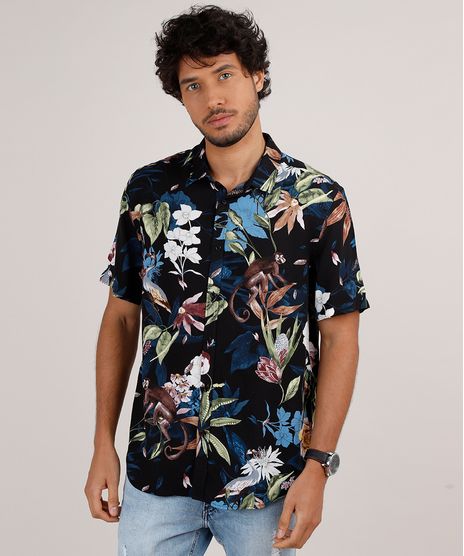 Camisa-Masculina-Relaxed-Estampada-Floral-com-Animais-Manga-Curta-Preta-9657160-Preto_1