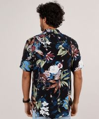 Camisa-Masculina-Relaxed-Estampada-Floral-com-Animais-Manga-Curta-Preta-9657160-Preto_2