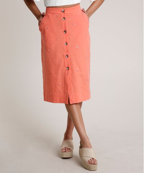 Saia-Feminina-Midi-com-Bordado-de-Folhagens-e-Botoes-Laranja-Claro-9632918-Laranja_Claro_1