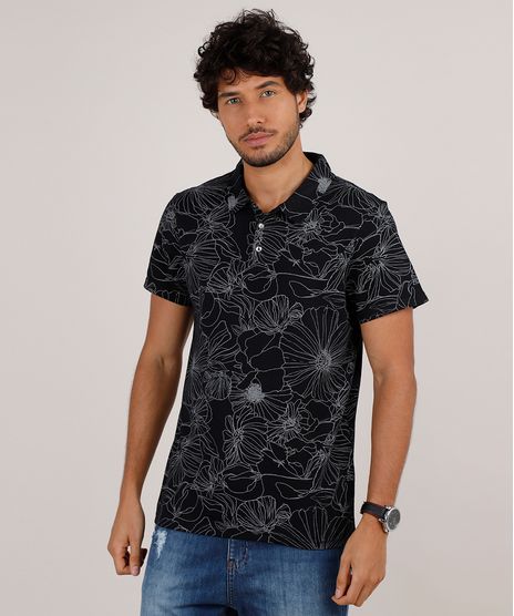 Polo-Masculina-Slim-Fit-em-Piquet-Estampada-Floral-Manga-Curta-Preta-9648175-Preto_1