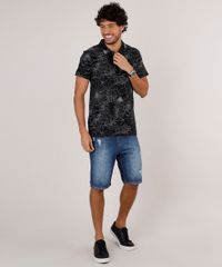 Polo-Masculina-Slim-Fit-em-Piquet-Estampada-Floral-Manga-Curta-Preta-9648175-Preto_3