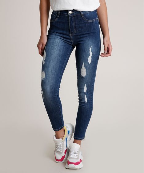 calça jeans cintura alta destroyed