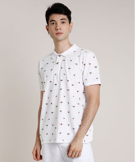 Polo-Masculina-Estampada-de-Flamingos-em-Piquet-Manga-Curta-Branca-9737529-Branco_1