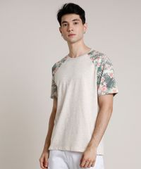 Camiseta-Masculina-Raglan-Estampada-de-Folhagem-Manga-Curta-Gola-Careca-Bege-Claro-9742101-Bege_Claro_1