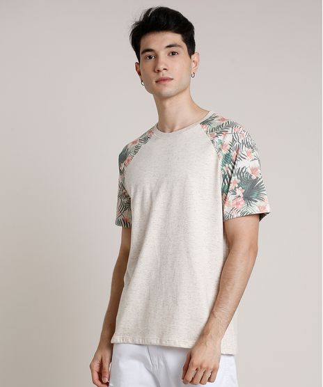 Camiseta-Masculina-Raglan-Estampada-de-Folhagem-Manga-Curta-Gola-Careca-Bege-Claro-9742101-Bege_Claro_1