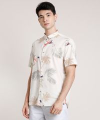 Camisa-Masculina-Tradicional-Estampada-de-Passaros-Manga-Curta-Bege-Claro-9729728-Bege_Claro_1