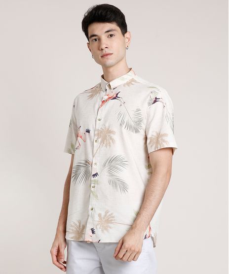 Camisa-Masculina-Tradicional-Estampada-de-Passaros-Manga-Curta-Bege-Claro-9729728-Bege_Claro_1