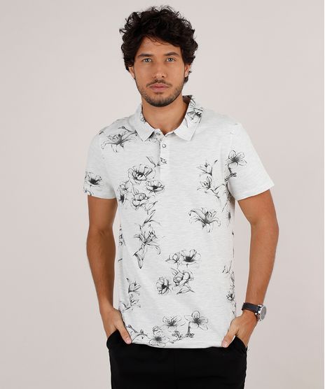 Polo-Masculina-Slim-Fit-em-Piquet-Estampada-Floral-Manga-Curta-Cinza-Mescla-Claro-9648174-Cinza_Mescla_Claro_1