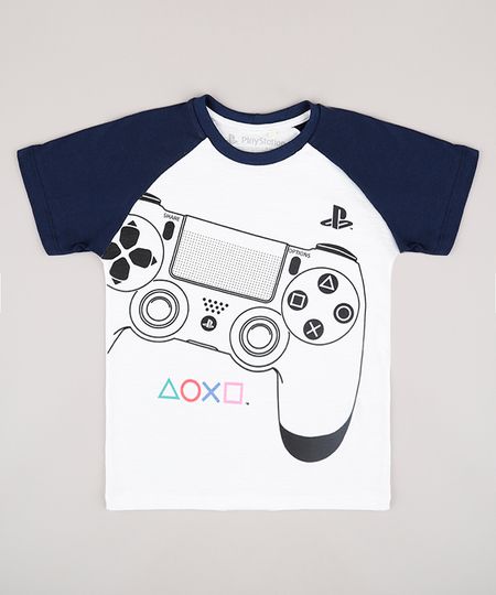 Camiseta Infantil Playstation Raglan Manga Curta Off White - 4 Menor preço em Camiseta Infantil Playstation Raglan Manga Curta Off White - 4