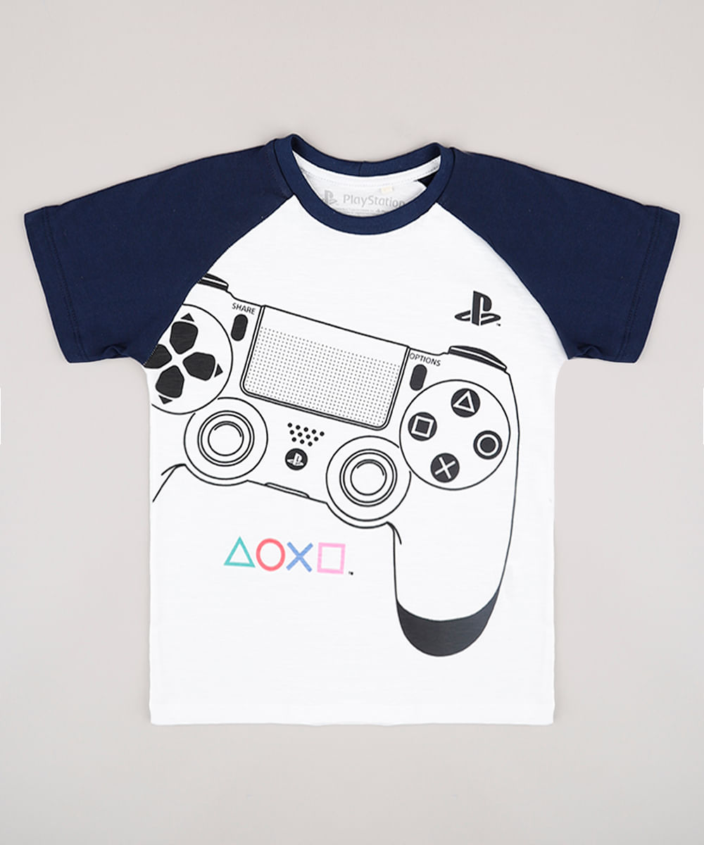 Camiseta Infantil Playstation Raglan Manga Curta Off White