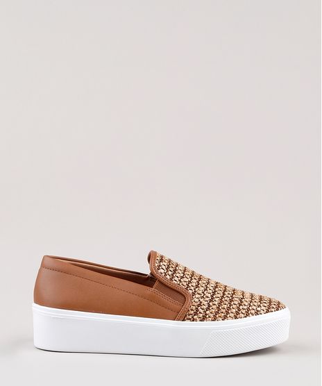 Tenis-Slip-On-Feminino-Via-Uno-Flatform-com-Recorte-em-Palha-Marrom-9828421-Marrom_1