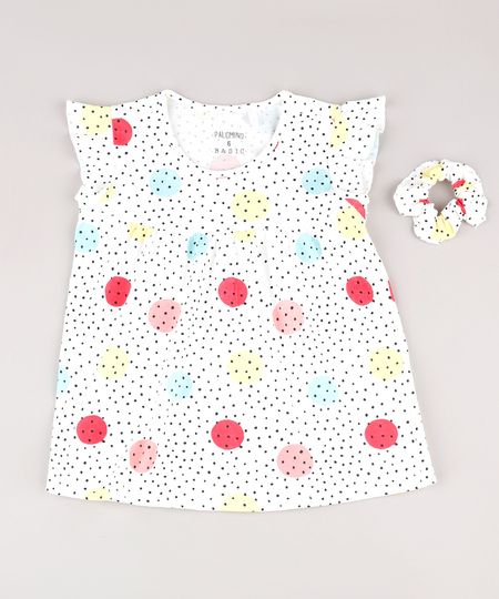 Blusa-Infantil-Estampada-de-Poa-com-Babado-na-Manga---Elastico-de-Cabelo-Scrunchie-Off-White-9826457-Off_White_1