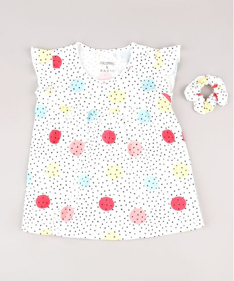 Blusa-Infantil-Estampada-de-Poa-com-Babado-na-Manga---Elastico-de-Cabelo-Scrunchie-Off-White-9826457-Off_White_1