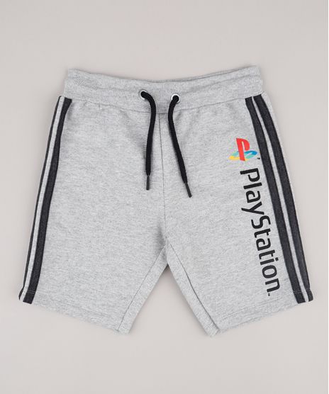 Bermuda-Infantil-PlayStation-em-Moletom-com-Faixas-Laterais-Cinza-Mescla-9734670-Cinza_Mescla_1