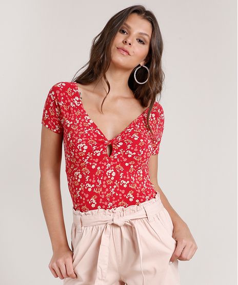 Blusa-Feminina-Estampada-Floral-com-Vazado-Manga-Curta-Decote-V-Vermelho-9772980-Vermelho_1