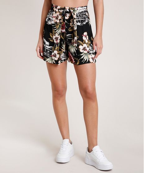 Short-Feminino-Estampado-Floral-com-Pregas-e-Faixa-para-Amarrar-Preto-9681364-Preto_1