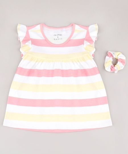 Blusa-Infantil-Listrada-com-Babado-na-Manga---Elastico-de-Cabelo-Scrunchie-Off-White-9826479-Off_White_1