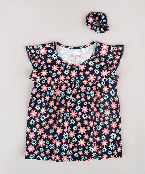 Blusa-Infantil-Estampada-Floral-com-Babado-na-Manga---Elastico-de-Cabelo-Scrunchie-Azul-Marinho-9826478-Azul_Marinho_1
