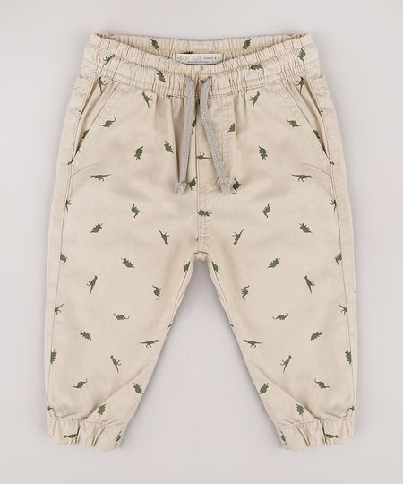 Calca-de-Sarja-Infantil-Jogger-Estampada-de-Dinossauros-com-Bolsos--Kaki-9634621-Kaki_1