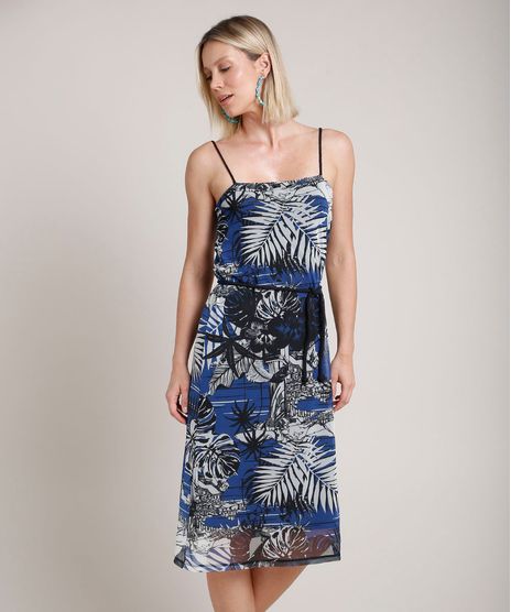 Vestido-Feminino-em-Tule-Estampado-de-Folhagens-Alca-Fina-com-Cinto--Azul-9706146-Azul_1