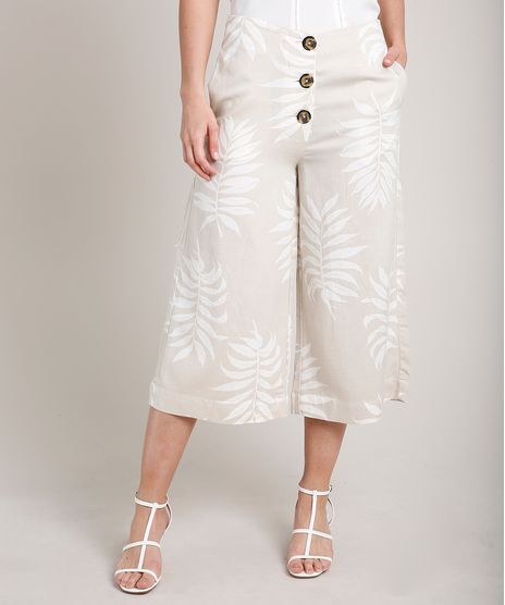 Calca-Feminina-Pantacourt-Estampada-Folhagem-com-Linho-e-Botoes-Kaki-9679908-Kaki_1