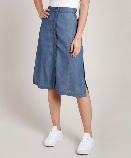 saia jeans midi com botões